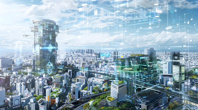 Futuristic Cityscape with Flying Cars and Networked Buildings - Digital Illustration
