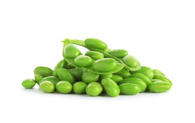 Raw green edamame soybeans and pods isolated on white