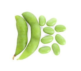 Raw green edamame soybeans and pods isolated on white, top view