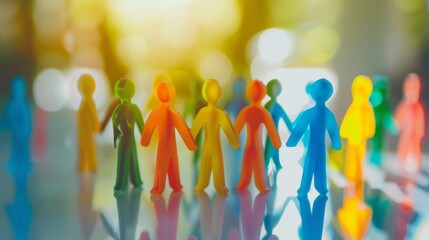 A collection of toy-like figurines in various colors, reflecting a vibrant array of diversity and community spirit in a softly lit setting.