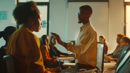 A teacher engages in a lively discussion with a student in a modern classroom setting filled with focused students and computers.