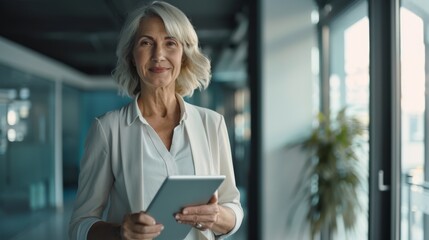 Fototapeta premium A confident woman with a gentle smile holds a digital tablet, standing in a sleek, modern office space with glass walls.