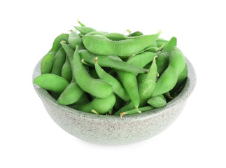 Raw green edamame pods in bowl isolated on white
