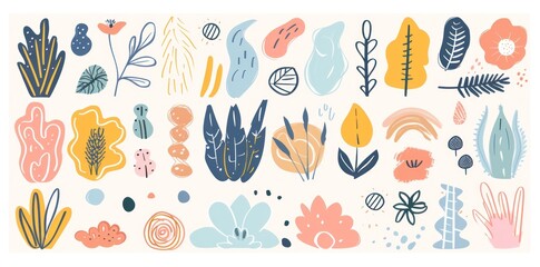 A colorful collection of abstract plants and flowers on a light background, featuring a blend of pastel and dark colors in various artistic styles