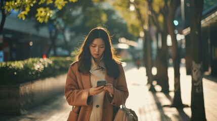 A stylish woman walks down a sunlit street, engrossed in her smartphone, exuding confidence and modern charm.