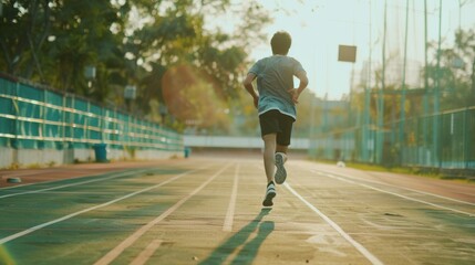 Obraz premium A person running on an outdoor track, surrounded by greenery, under the soft morning sunlight, giving a sense of movement and freshness.