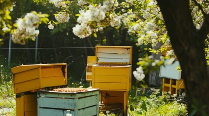 Bright yellow beehives stand amidst blossoming flowers, drenched in summer sunlight, bustling with a hidden world of bees’ activity.