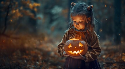 A young girl dressed in a brown sweater holds a glowing jack-o-lantern in a dark forest.
