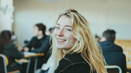 A young woman with blonde hair, wearing a yellow sweater, smiles warmly while sitting in a bright classroom filled with fellow students.