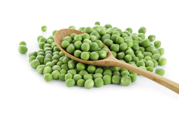 Fresh green peas in spoon isolated on white