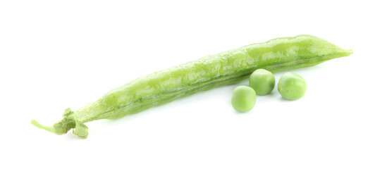 Green fresh peas and pod isolated on white
