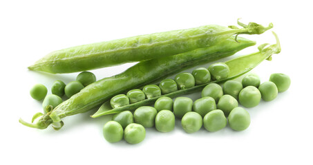 Green fresh peas and pods isolated on white
