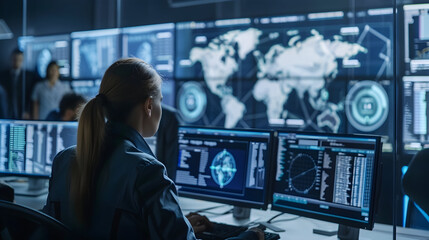 Woman Working on Computer in a Control Room with Multiple Monitors - Realistic Image