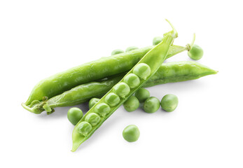 Green fresh peas and pods isolated on white