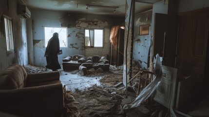 A woman walks through the ruins of a devastated home, emphasizing loss and the hope for recovery in a war-torn area.