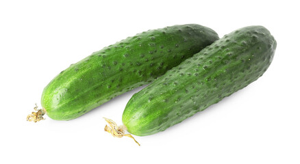 Two fresh green cucumbers isolated on white, above view