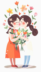 Two Young Women Holding Flowers and Kissing