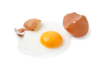 Broken raw egg and shell isolated on white