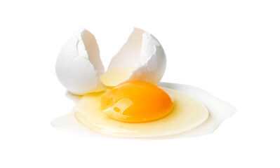 Broken raw egg and shell isolated on white