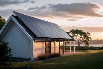 Obraz premium Modern house after solar panel installation on top of the roof exterior residential landscape that produce green efficient energy