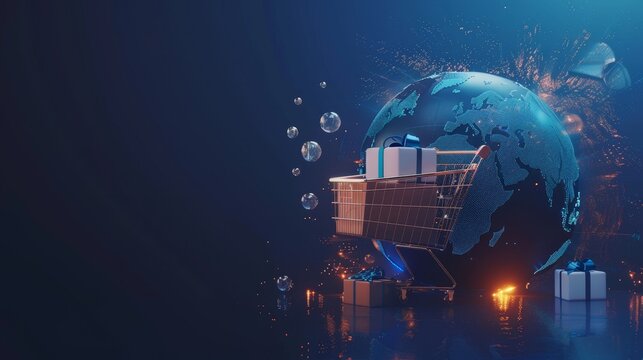 A blue globe representing the world is in a shopping cart with gifts on top, symbolizing global e-commerce, international shopping, online gifts, worldwide delivery, and a seamless shopping experience