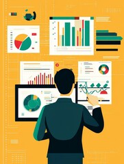 A businessman stands in front of a computer screen, analyzing data charts and graphs. He is surrounded by various graphs and charts, symbolizing data analysis, business strategy, market trends, financ