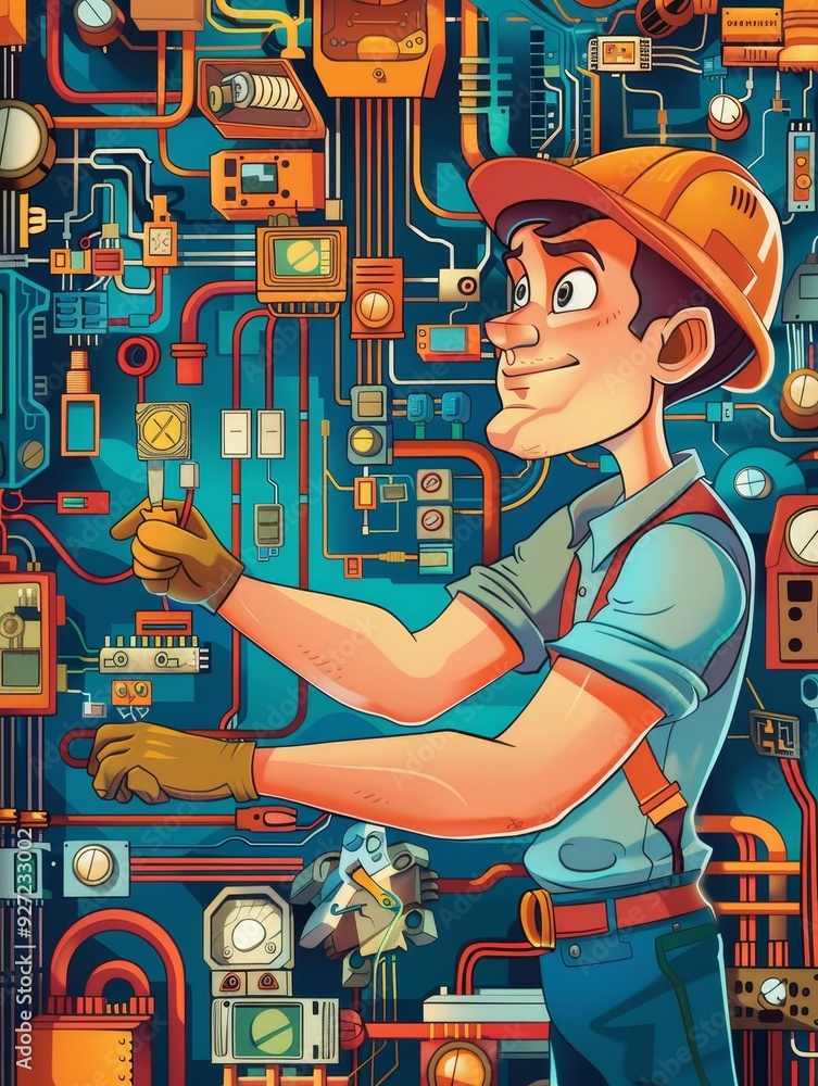 Poster a cartoon electrician working on a complex wiring system with various switches, dials, and wires, sy