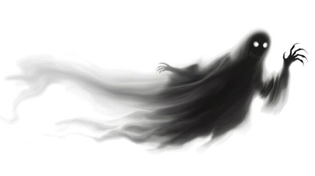 Realistic Halloween ghost shadow PNG. Transparent isolated phantom. Flying spooky dead soul. Black smoke transparent horror monster.