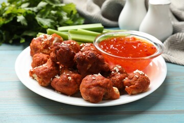 Tasty cauliflower buffalo wings, sauce and celery on light blue wooden table, closeup