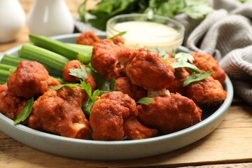 Tasty cauliflower buffalo wings, sauce and celery on wooden table, closeup