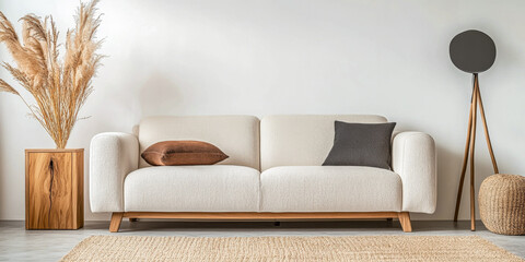 Japandi minimalist living room interior design composition with contemporary decor and furniture. Architect apartment interiors with natural lighting.