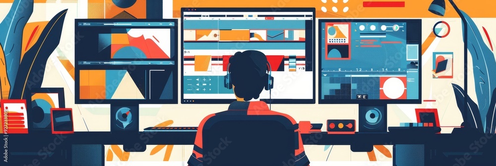 Poster a creative professional is working on a project with multiple monitors, showcasing their focus and p