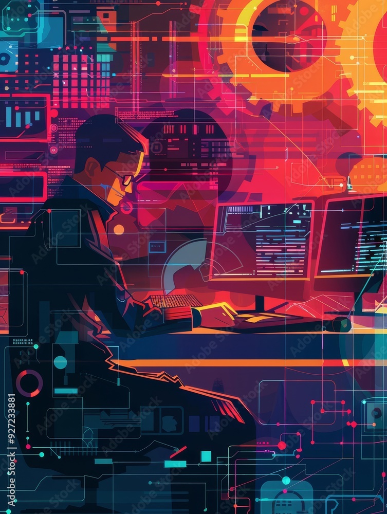 Poster a cybersecurity professional is working late at night, surrounded by monitors displaying code and da