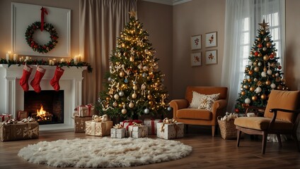 Decorated Christmas room with beautiful fir tree