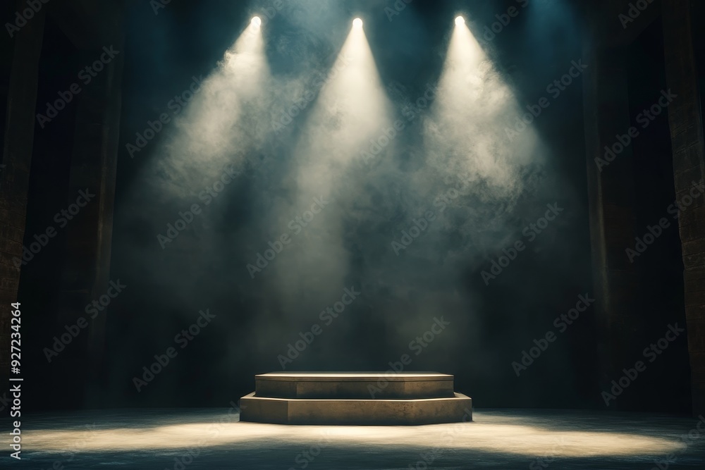 Poster a dark stage with three spotlights illuminating a platform, creating a dramatic and mysterious atmos