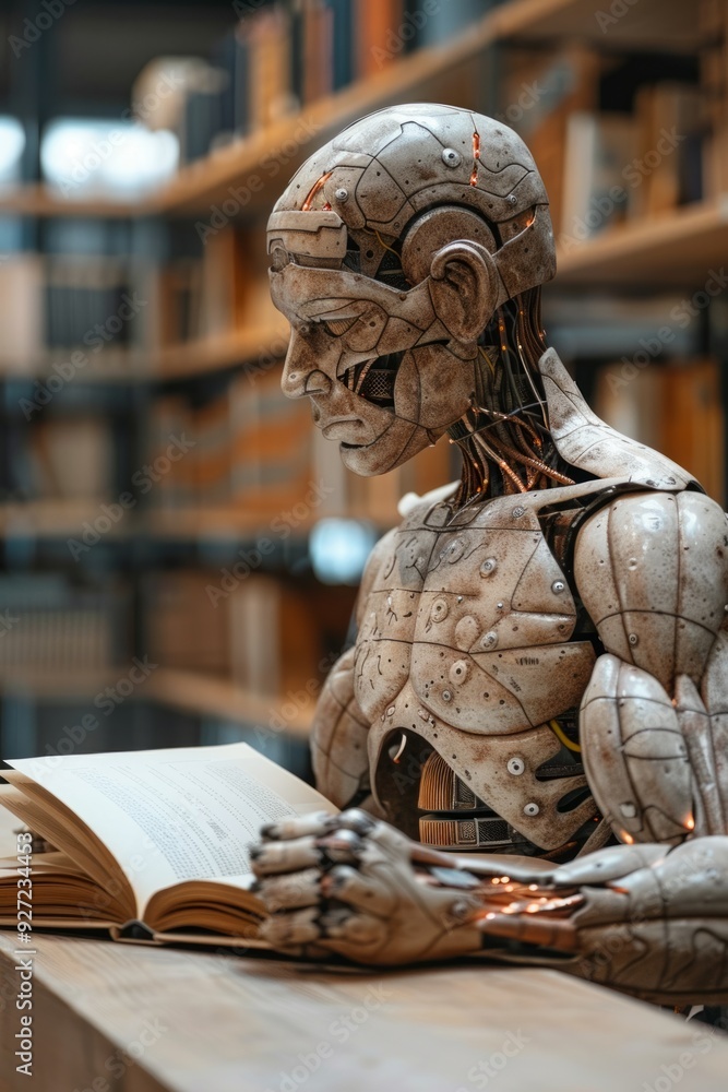 Poster a robotic figure with a mechanical body reads a book while seated at a table in a library