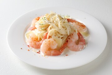 Delicious pasta with shrimps and cheese on white table, closeup