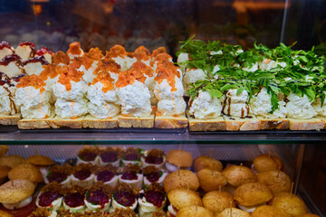 Traditional Spanish appetizers in tapas bar of Madrid