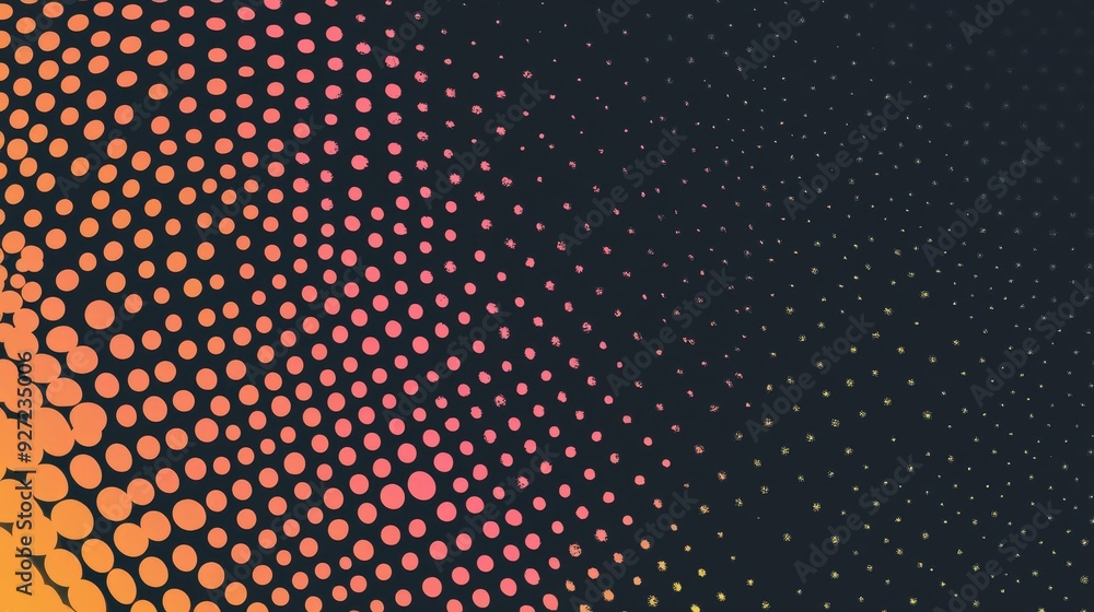 Poster a dynamic background featuring a gradient of orange and pink dots on a dark background, symbolizing 