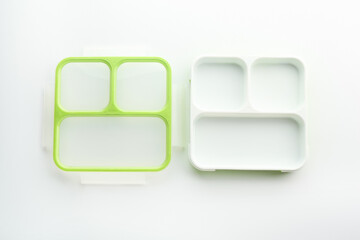 Plastic lunch box and lid isolated on white, top view