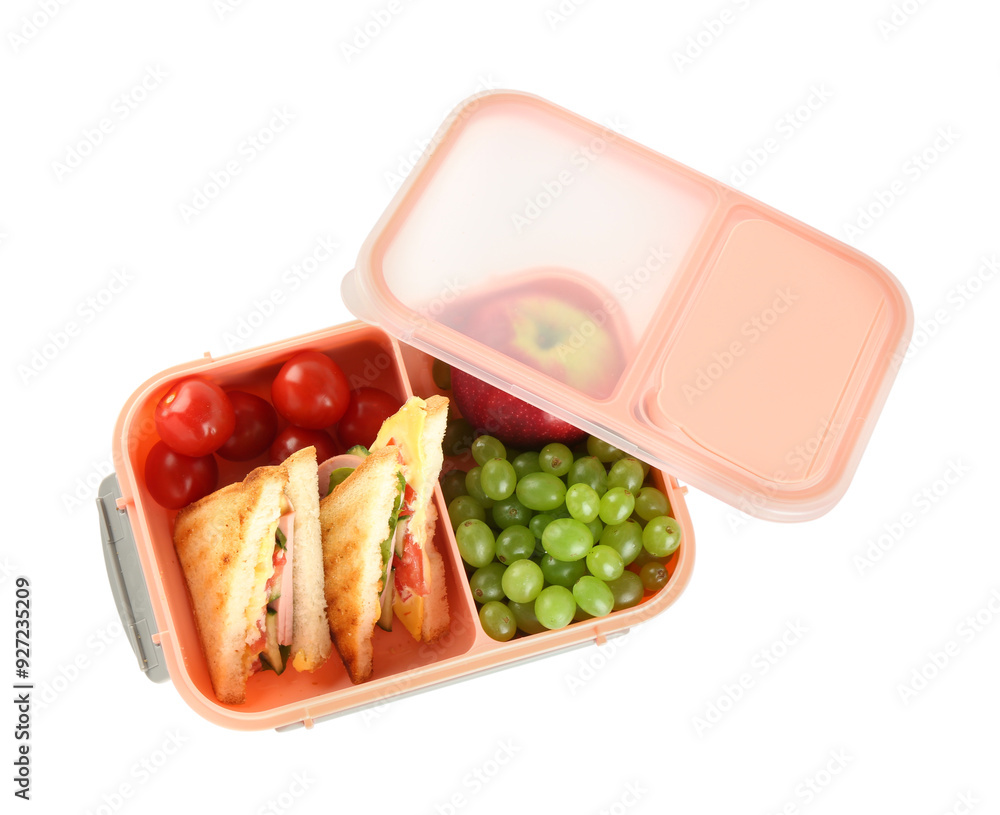 Wall mural Lunch box with sandwiches, fruits and tomatoes isolated on white, top view