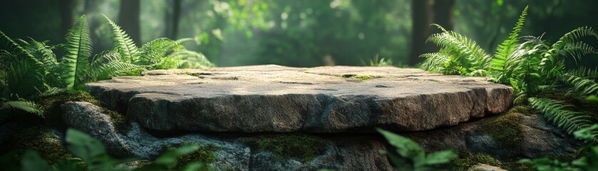 Fototapeta premium A flat stone platform in a lush green forest setting. Ferns frame the scene, while sunlight peeks through the canopy, creating a sense of tranquility and natural beauty. This image is ideal for produc