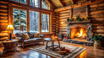 Cozy winter night at a log cabin with wood fireplace , log cabin, winter, cozy, fireplace, snow, warm, comfort