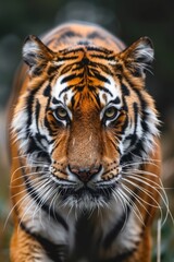 Naklejka premium A tiger walks towards the camera, its face filling the frame