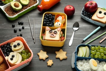 Lunch boxes with different snacks, bottle of juice and cutlery on wooden table, above view