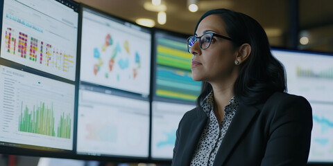 A female senior data scientist, wearing business attire and glasses, actively analyzing risk management reports on a big digital screen