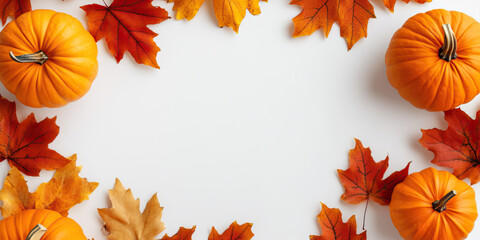 Fototapeta premium An autumn-themed frame with pumpkins and leaves on a white background presented in a flat lay style
