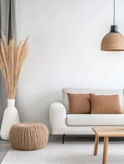 Japandi minimalist living room interior design composition with contemporary decor and furniture. Architect apartment interiors with natural lighting.