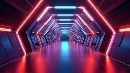 A futuristic corridor with glowing red and blue neon lights, symbolizing technology, progress, innovation, and the future. The reflective floor adds to the sense of depth and space.