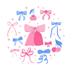 Round composition of pink and blue bow with cherries and polka dots, set against a white background in a cute, whimsical style. Vector hand drawn illustration.